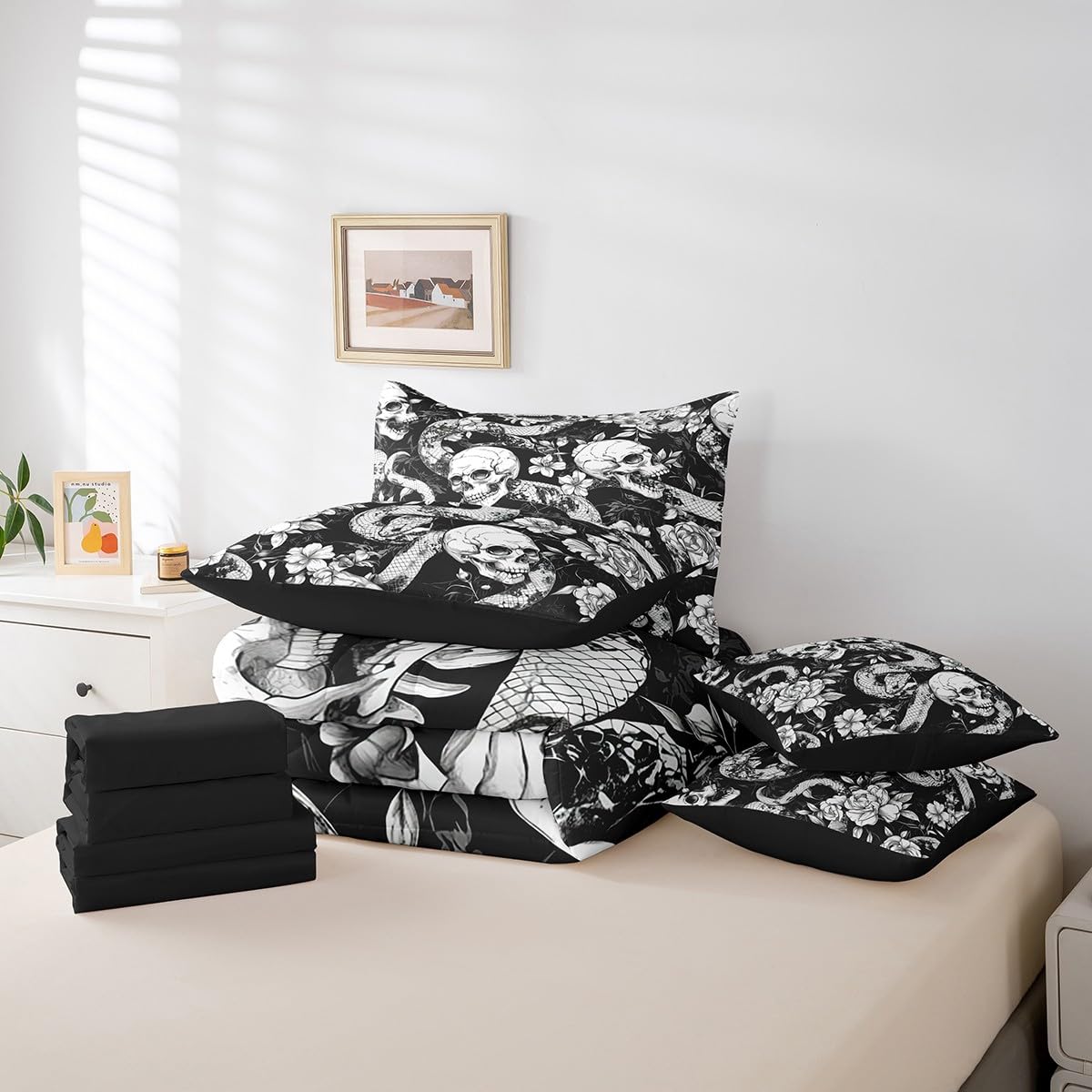 jejeloiu Kids Sugar Skull Comforter Set 7 Pieces Full Size Snake Boho Rose Bedding Set for Boys Girls Goth Art Bed Set Bed in a Bag with Comforter, Sheets, Pillowcases & Cushion Covers