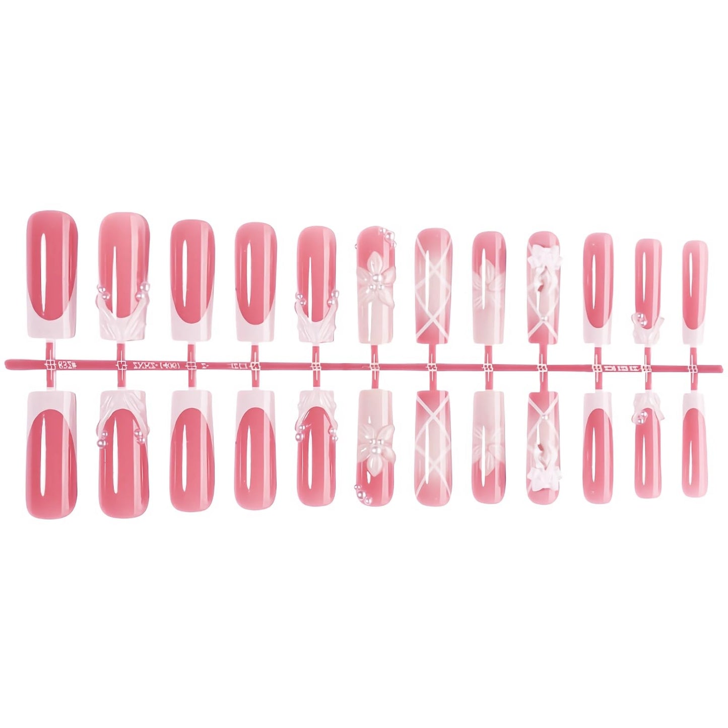 BABALAL Press On Nails, Long Square Fake Nails, Pink French Tip False Nails With 3D White Flower, Bow And Pearl Charm Decor, Reusable Fake Nails Set 24Pcs