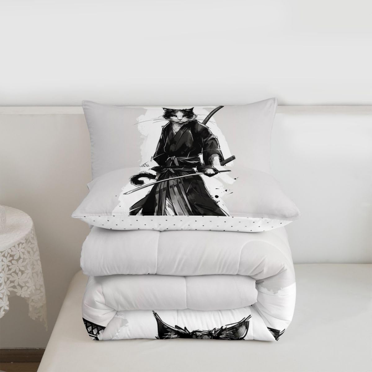 jejeloiu Samurai Comforter Set All Season Japanese Ukiyoe Bedding Set with 2 Pillow Cases Cat Microfiber Kids Queen Bedclothes Animal Bedroom Decor Duvet Quilt Breathable Soft Lightweight