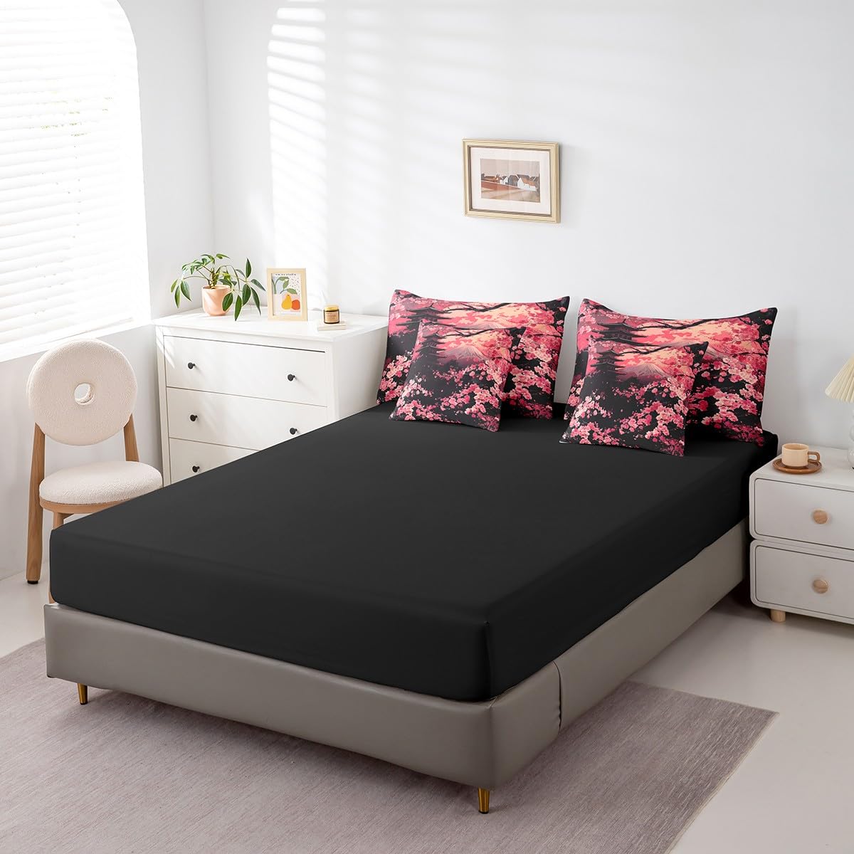 Erosebridal Pink Cherry Blossom Queen Comforter Set with Sheets,Oriental Japanese Style Bedding Set for Kids Adults,Mountain Scene Bed Set with Fitted+Flat Sheet,Pillowcases,Throw Pillow Covers