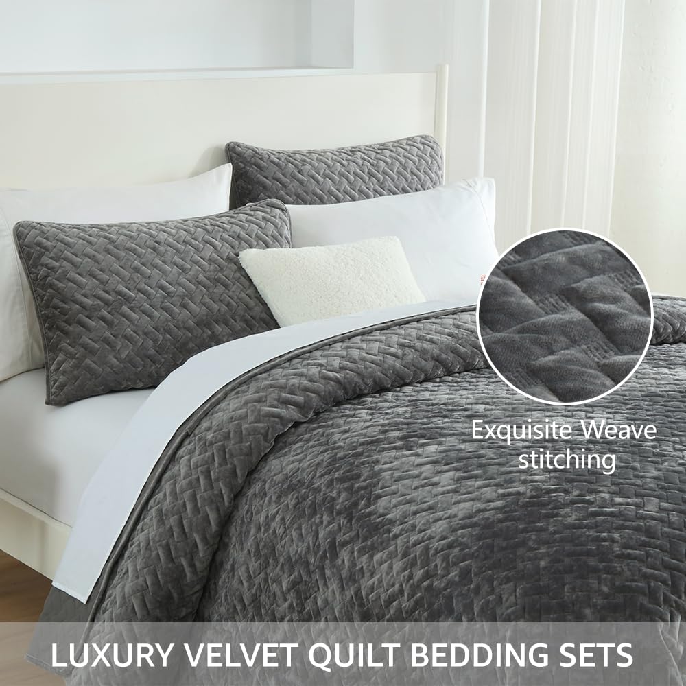 Liians Velvet Bedspread Quilt Bedding Sets,Luxury Elegant Ultra Soft Velvet Comforters Coverlet Blankets,Weave Stitching Pattern Cotton Quilted Bedspread for All Seasons,Grey,King Size