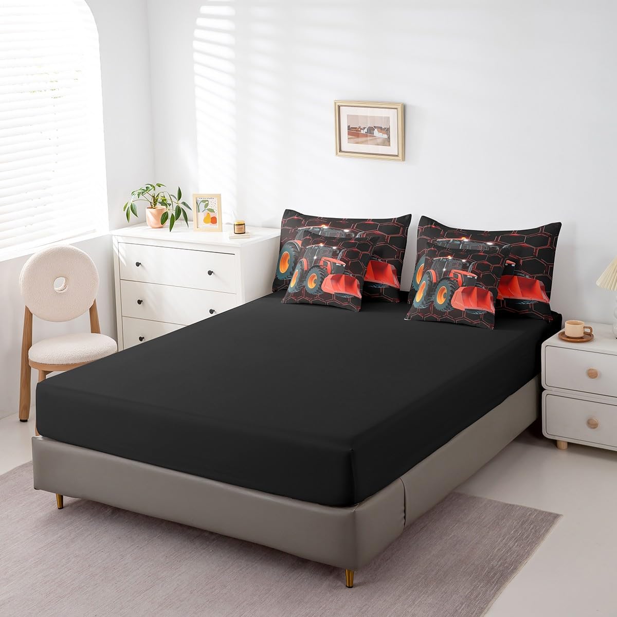 Erosebridal Construction Excavator 7 Piece Comforter Set Full Bed in a Bag,Red Honeycomb Geometric Bedding Sets Hexagon Beehive Truck Sheet Set with Comforter