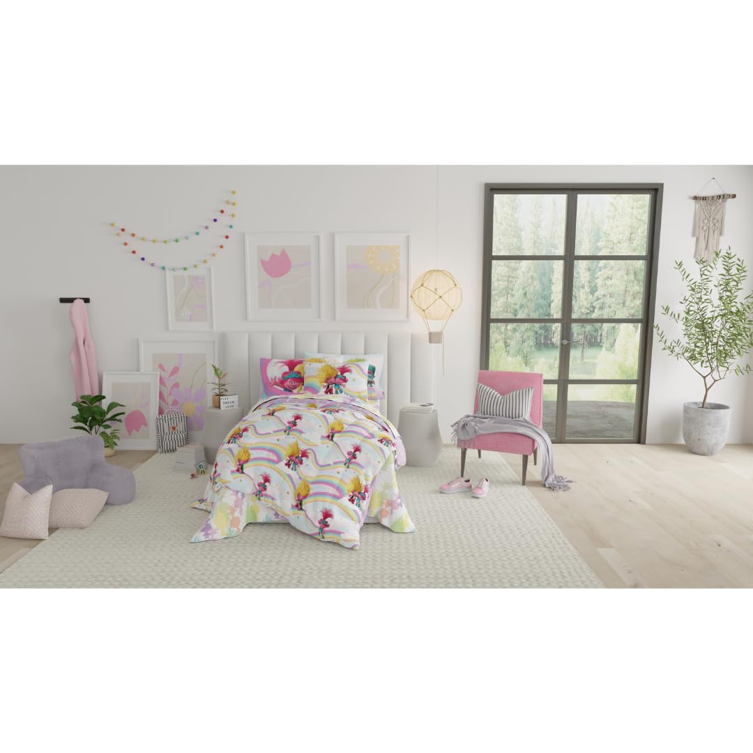 DreamWorks Trolls 3 Band Together Kids 5 Piece Bedding Super Soft Reversible Comforter and Sheet Set with Sham, Twin, (Officially Licensed Product) By Franco