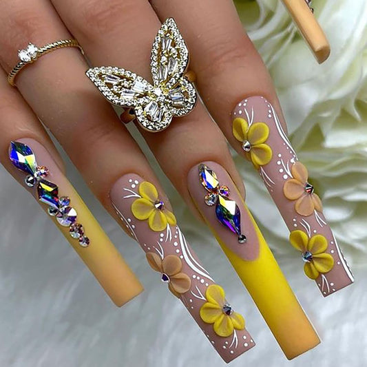 Press on Long Coffin Nails - Yellow False Nails With Cute Flower Design, Rhinestones, Full Cover, Glossy Acrylic, Artificial for Women - Glue-on Manicure Set 24Pcs