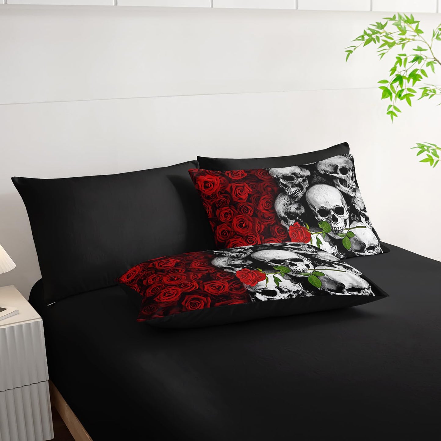 Tuzaovy Black Skull Comforter Set 7 Piece Queen Size Bed in A Bag,Goth Bedding for Room Decor,Soft Western Comforter Boho Hippie Bedding with Fitted Sheet,Flat Sheet, Pillowcases & Shams