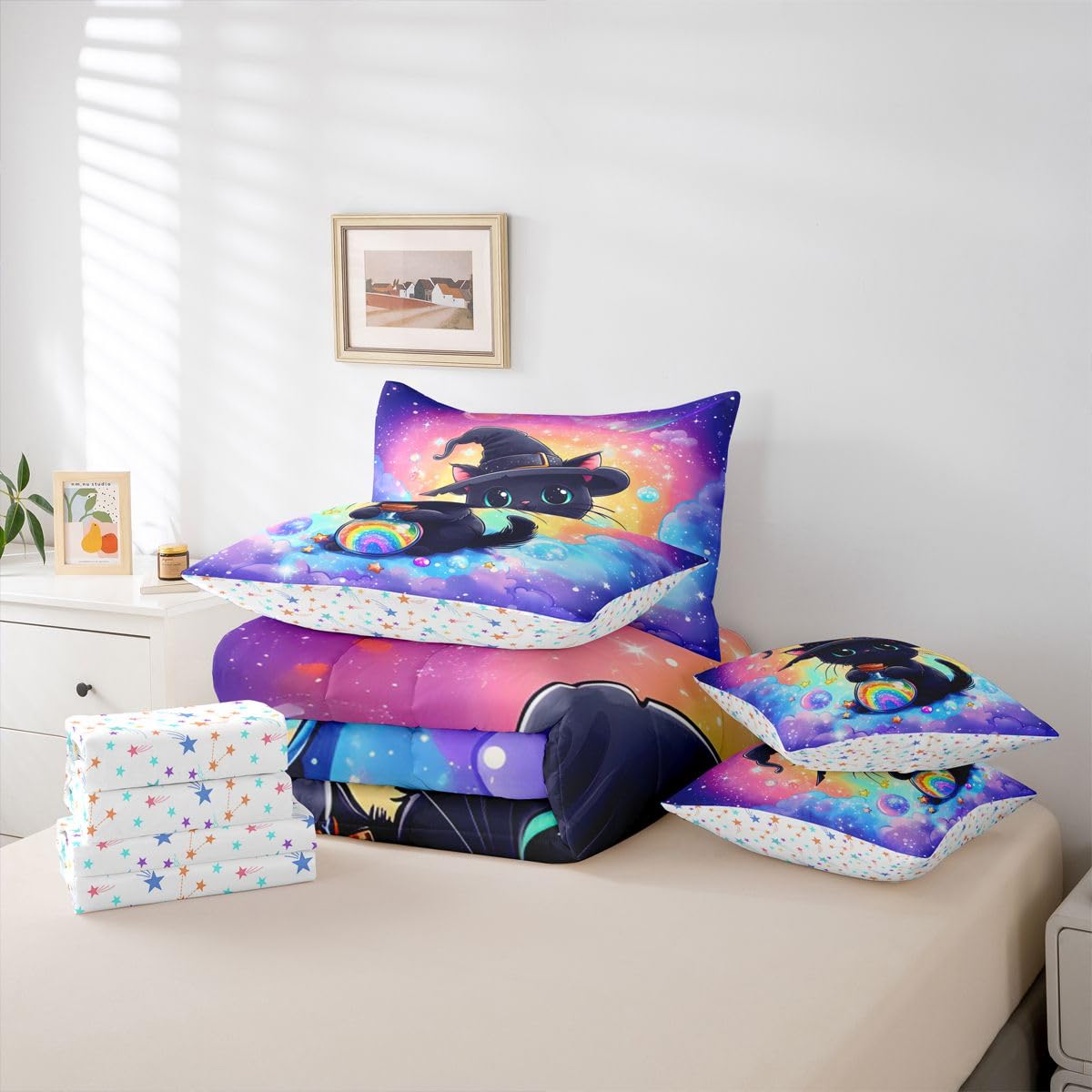 Feelyou Black Cat Comforter Set with Sheets 7 Piece Twin Size Cute Kitten Bed in a Bag Kids Boys Girls Rainbow Bedding Set Cute Animal Bedroom Decor Breathable Soft Lightweight Microfiber