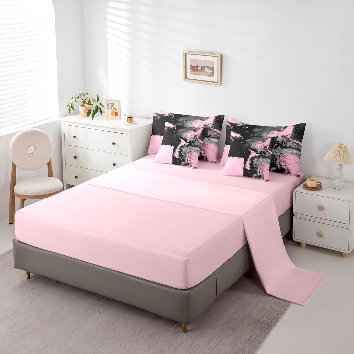 Feelyou Abstract Comforter Set King Size 7 Pieces Modern Abstract Art Bedding Set Luxury Bed in a Bag with Comforter, Sheets, Pillowcases, Cushion Covers Geometric Bedroom Decor Pink Balck