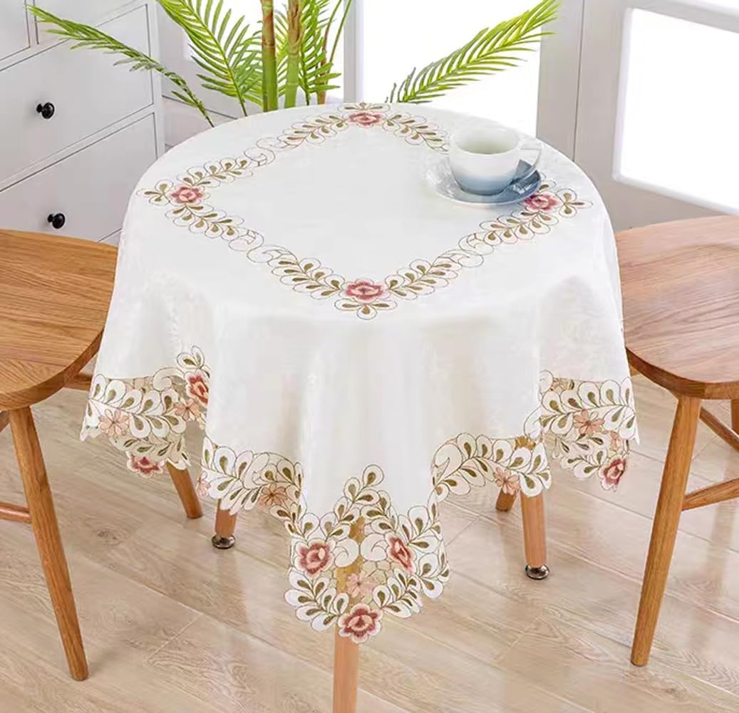 MULBESS Round Table Cloth Flower Embroidered Lace Tablecloth Wrinkle Free & Stain Resistant Fabric Tablecloths Table Cover for Kitchen Dinner (Round 60 inch)