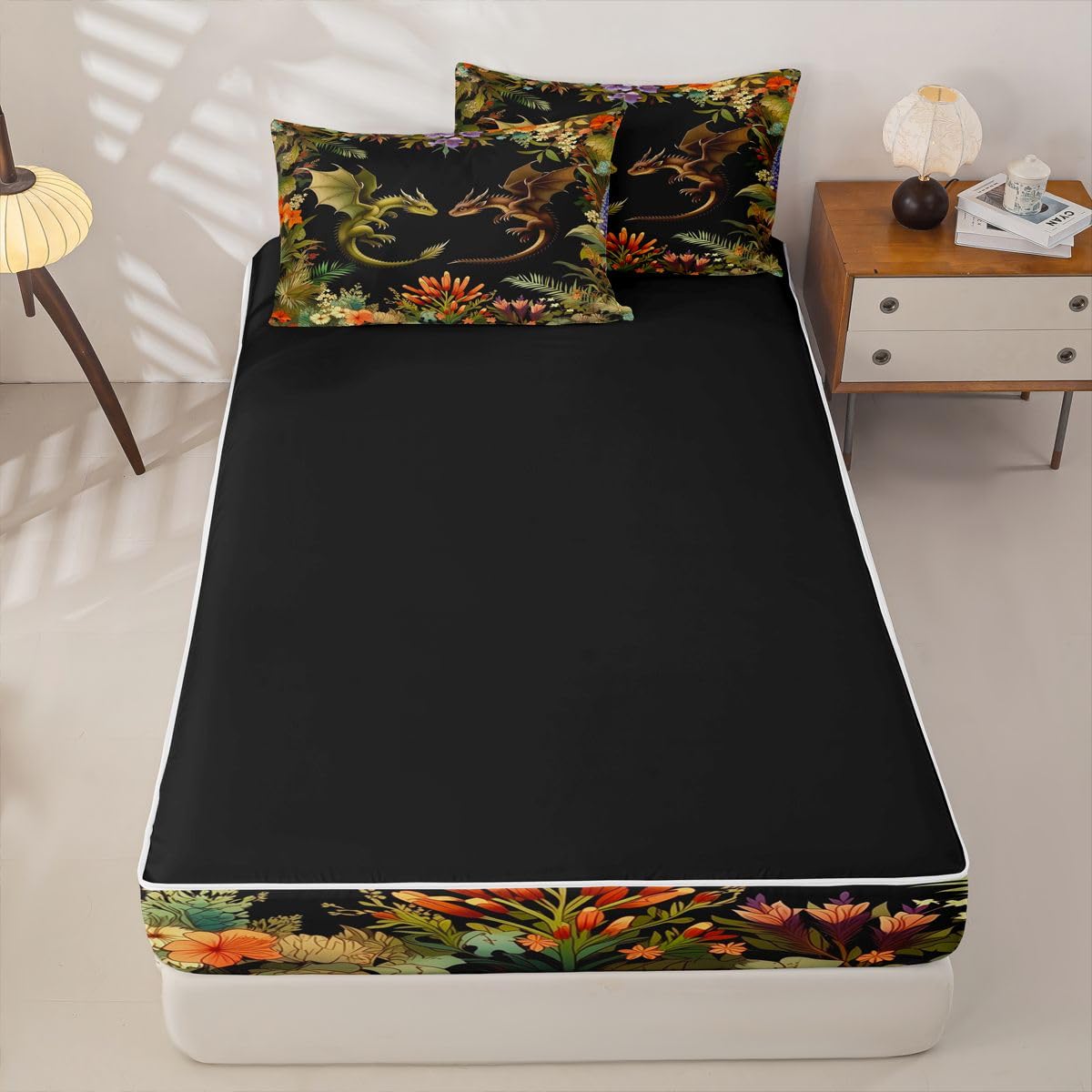 jejeloiu Flying Dragon Comforter Set Twin Zipper Bedding Set for Girls Boys Fantasy Animal Comforter with Fitted Sheet, Pillowcases Ancient Wildlife Zipper Bedding Breathable Spring Flowers Bed Set
