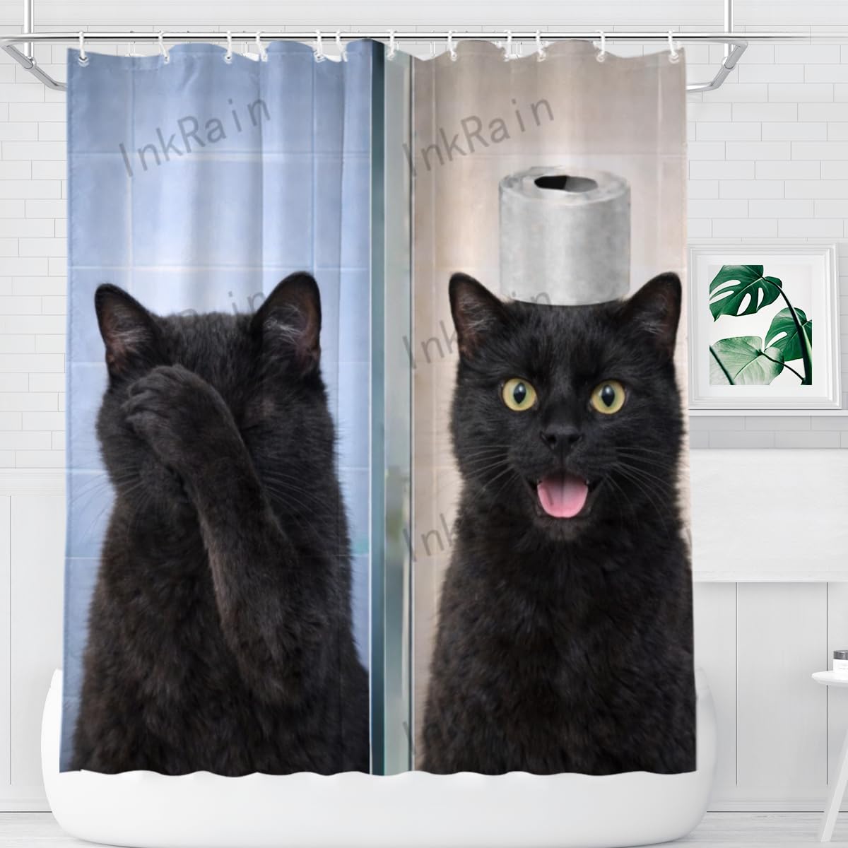 InkRain Black Cat Shower Curtain 72x72 Inch, Funny Animal Toilet Humor Bathroom Decor, Cute Black Cat Bath Curtain, Humor Bathroom Decor with 12 Hooks