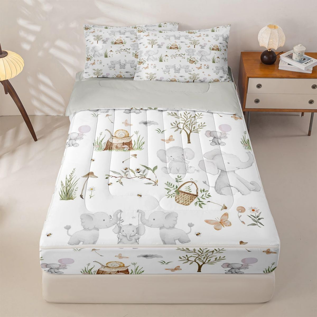 Erosebridal Kids Elephant Zippered Bedding Set Twin Nursery Cute Cartoon Animals Comforter Set Woodland Snails Wildlife Bed in a Bag Elephant Family Stump Butterfly Trees Zipper Quilt Fitted Sheet