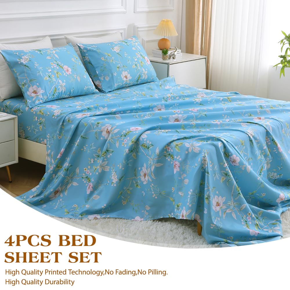MUXHOMO Full Size 4 Piece Sheet Set, Soft & Breathable Sheet Set for Bedroom with Deep Pocket Up To 16", Wrinkle-Free & Cooling Bed Sheet with Flat Sheet, Fitted Sheet & Pillowcases - Magnolia Blossom