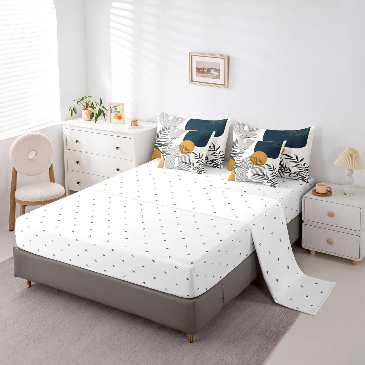 Erosebridal Boho Mid Century Full 7 Pcs Bedding Set, Contemporary Bohemian Minimalist Comforter Set with Sheets, Abstract Geometric Bed in A Bag, Sage Tropical Palm Leaves Retro Elegant Zen Bed Sets