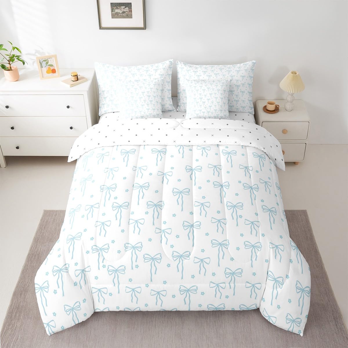 Castle Fairy Blue Bow Comforter Sets - 7 Pieces Full Size,Bow Print All Season Reversible Bed in a Bag Flower Floral Bedding Set Princess Flat Sheet,Fitted Sheet,Pillowcases