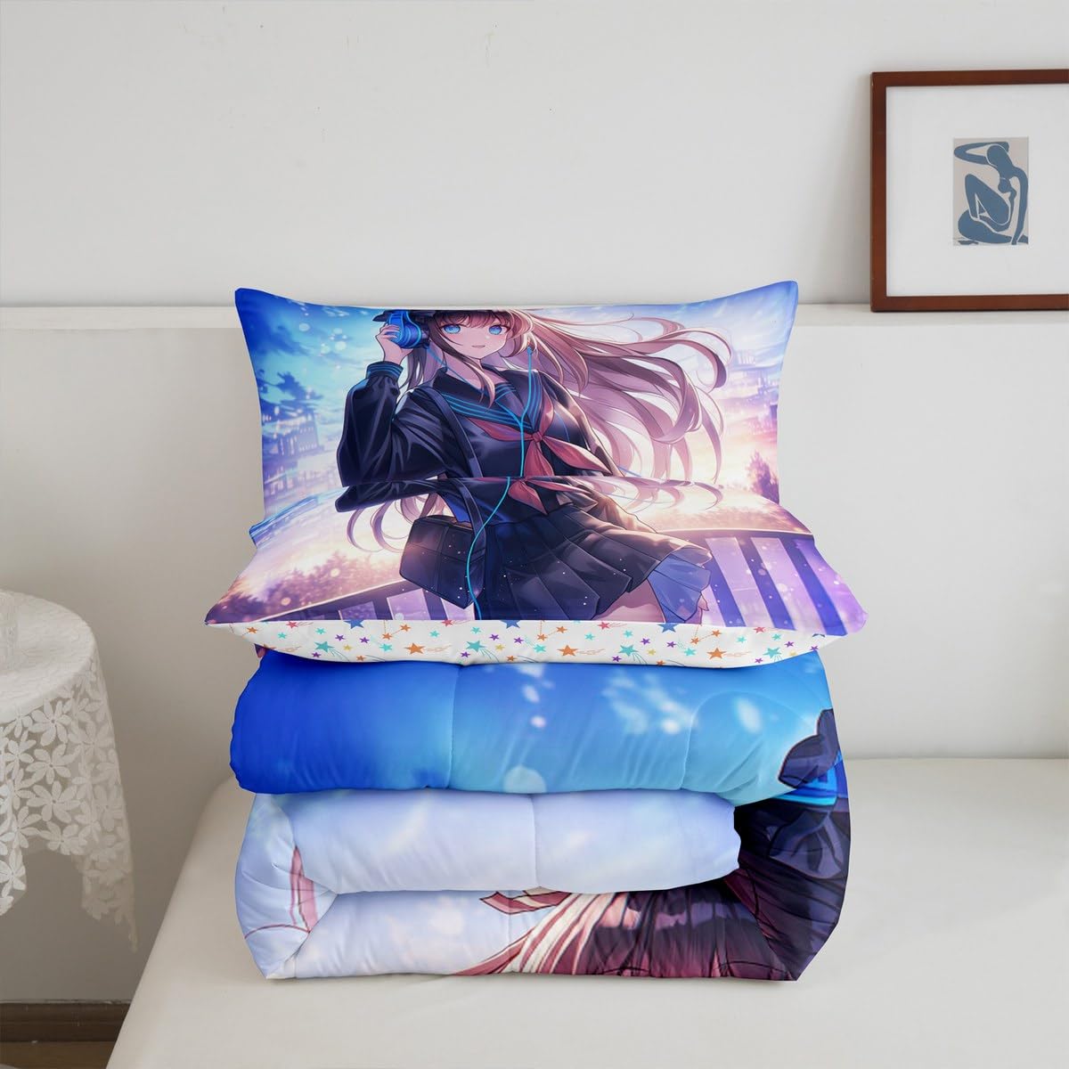 Erosebridal Anime Girl Bedding Set Twin Size, Japanese Anime Comforter Set for Kids Boys Teens Bedroom Decor, Cartoon Girl Duvet Insert Kawaii Japanese Animation Quilt with 1 Pillow Case