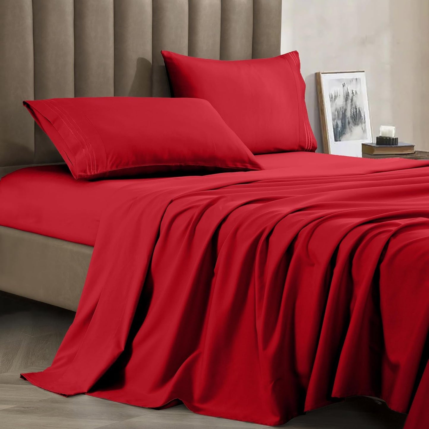 CELINE LINEN Premium 1800 Hotel Quality Wrinkle-Resistant 4-Piece Microfiber Sheet Set - Luxury Ultra Soft and Breathable Bedding 16 Inch Deep Pocket 4PC Sheet Set, King, Red