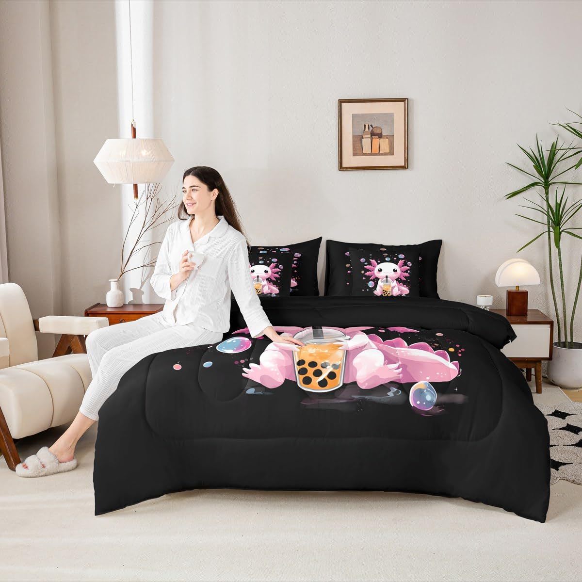 Erosebridal Axolotl 7 Piece Comforter Set Queen | Cute Boba Bed in A Bag Pink Salamander Sheet Set Breathable Lightweight Kawaii Bubble Tea Fitted Sheet Reversible