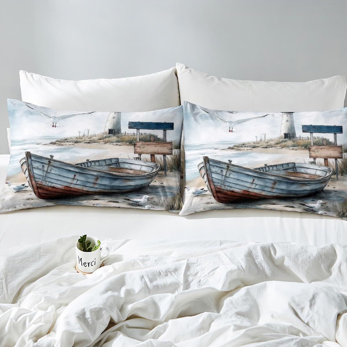 jejeloiu Boat Printed Fitted Sheet Full Size Kids Lighthouse Seagull Beach Theme Bed Sheets Set for Boys Girls Teens Sea Ocean Wave Summer Coastal Natural Scenery Bedding Set Room Decor