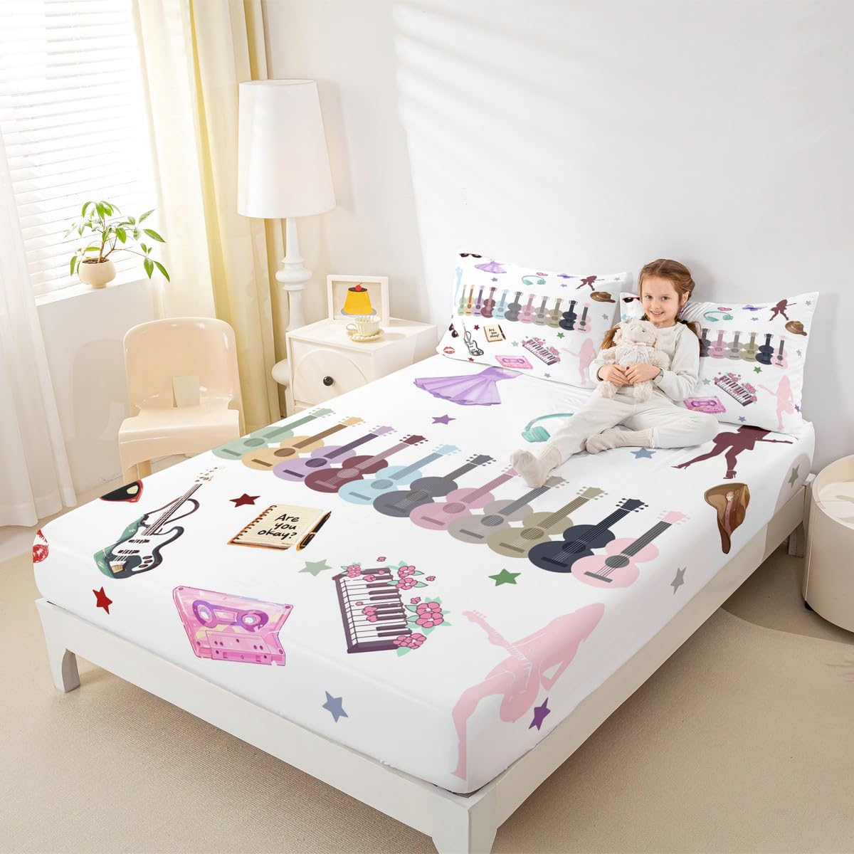 Erosebridal Music Lovers Bed Sheets Set King Music Theme Sheet Set Singer Fans White Sheets Fashion Birthday Valentines Day Gift Flat Fitted Sheet