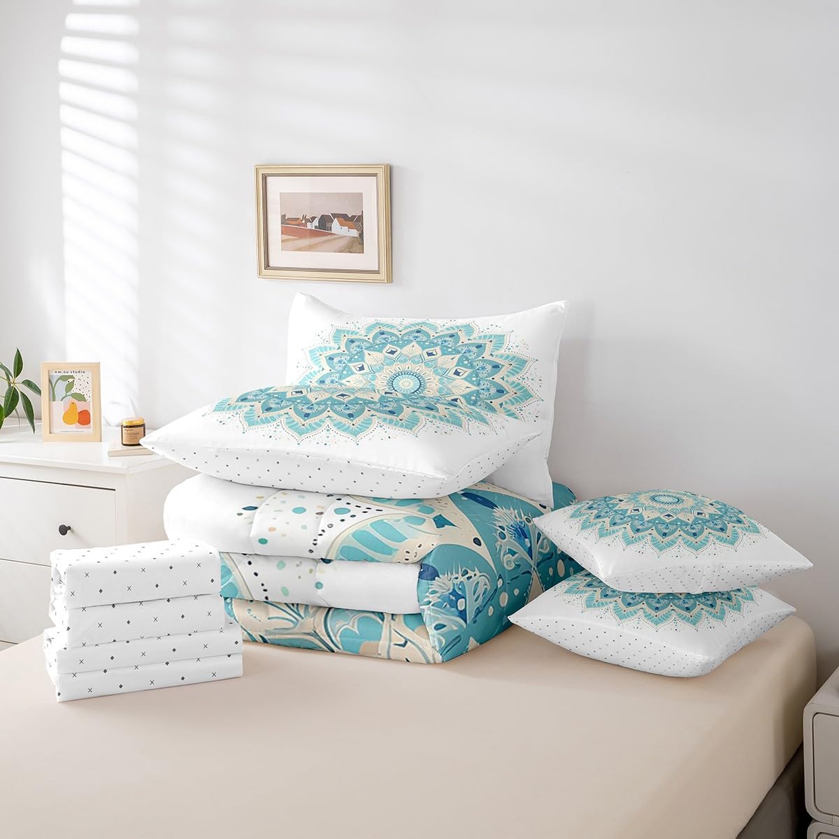 jejeloiu Hippie Mandala Comforter Set 7 Pieces Full Size Kids Boho Mandala Bed in a Bag for Boys Girls Bohemian Style Bedding Set Green,Comforter + Sheets + Pillowcases + Cushion Covers