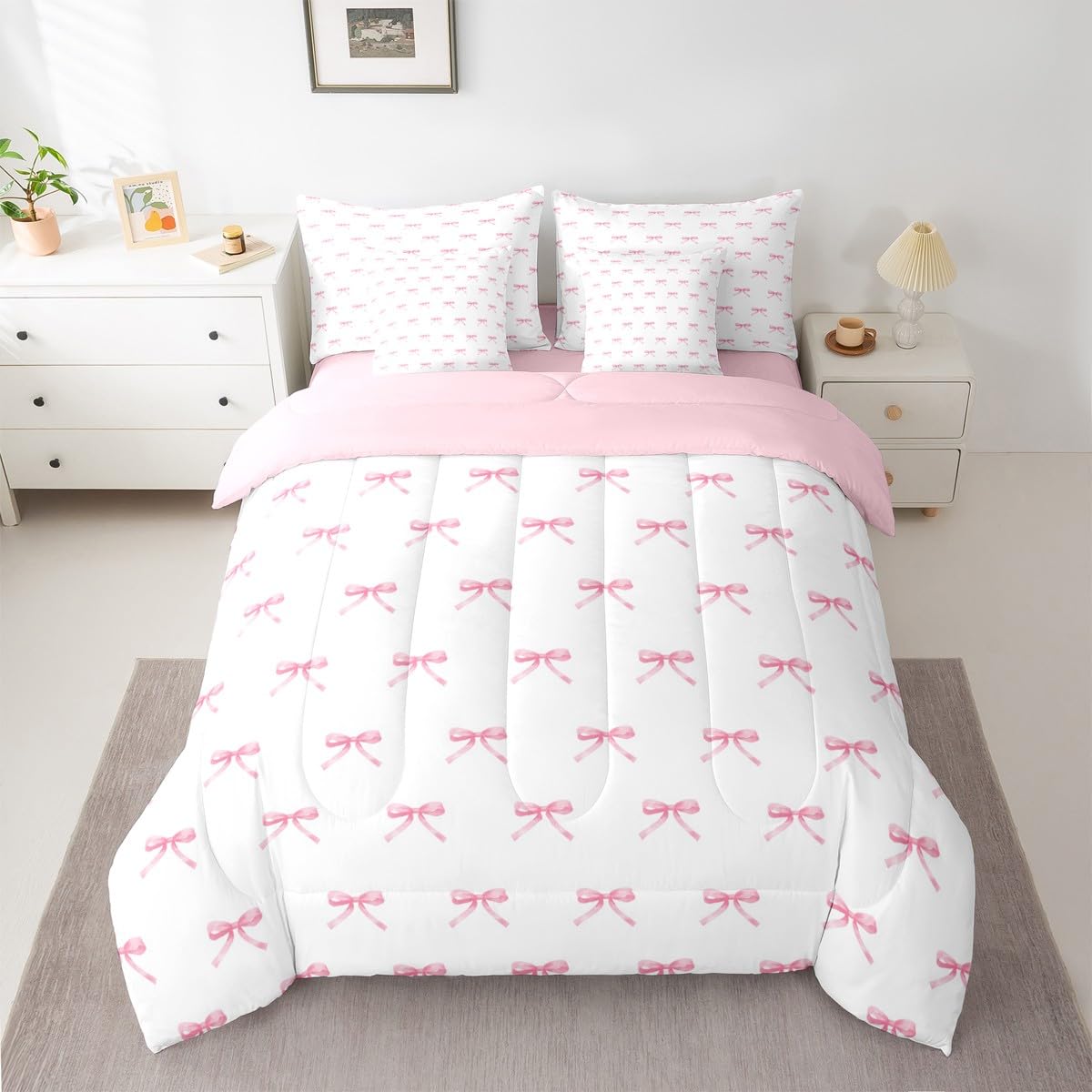 Erosebridal 7 Pieces Pink Bow Comforter King,Kids Cartoon Bowknot Butterfly Knot Princess Bedding Set for Girls,Dreamy Watercolor Ribbons Bow Tie Sheets with Pillowcases + Pillow Covers,Pink White