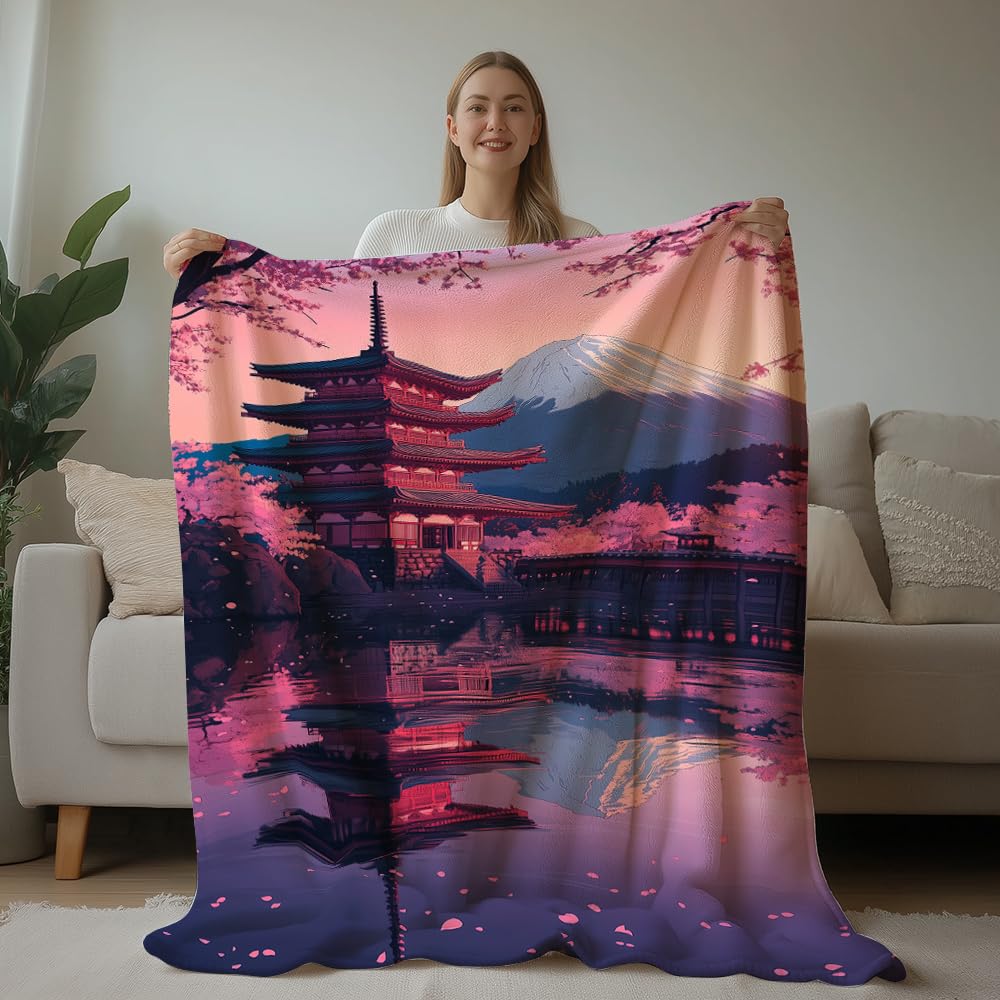 HUNXIAOJ Japanese Throw Blanket Japanese Gifts Cherry Blossom Blanket Japan Scenery Decor Warm Soft Flannel for Girls Boys Women Teens Adults Bed Sofa Couch (60 in x 80 in)