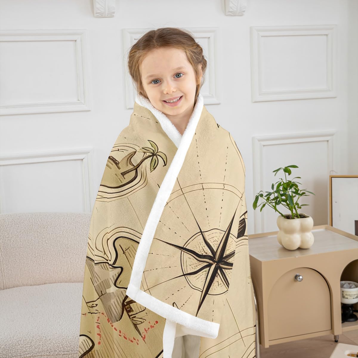 Feelyou Treasure Map Fleece Throw Sherpa Blanket for Kids Boys Girls Pirate Ocean Adventure Medieval Retro Fuzzy Plush Blanket for Sofa Bed Couch 90x90 Inches