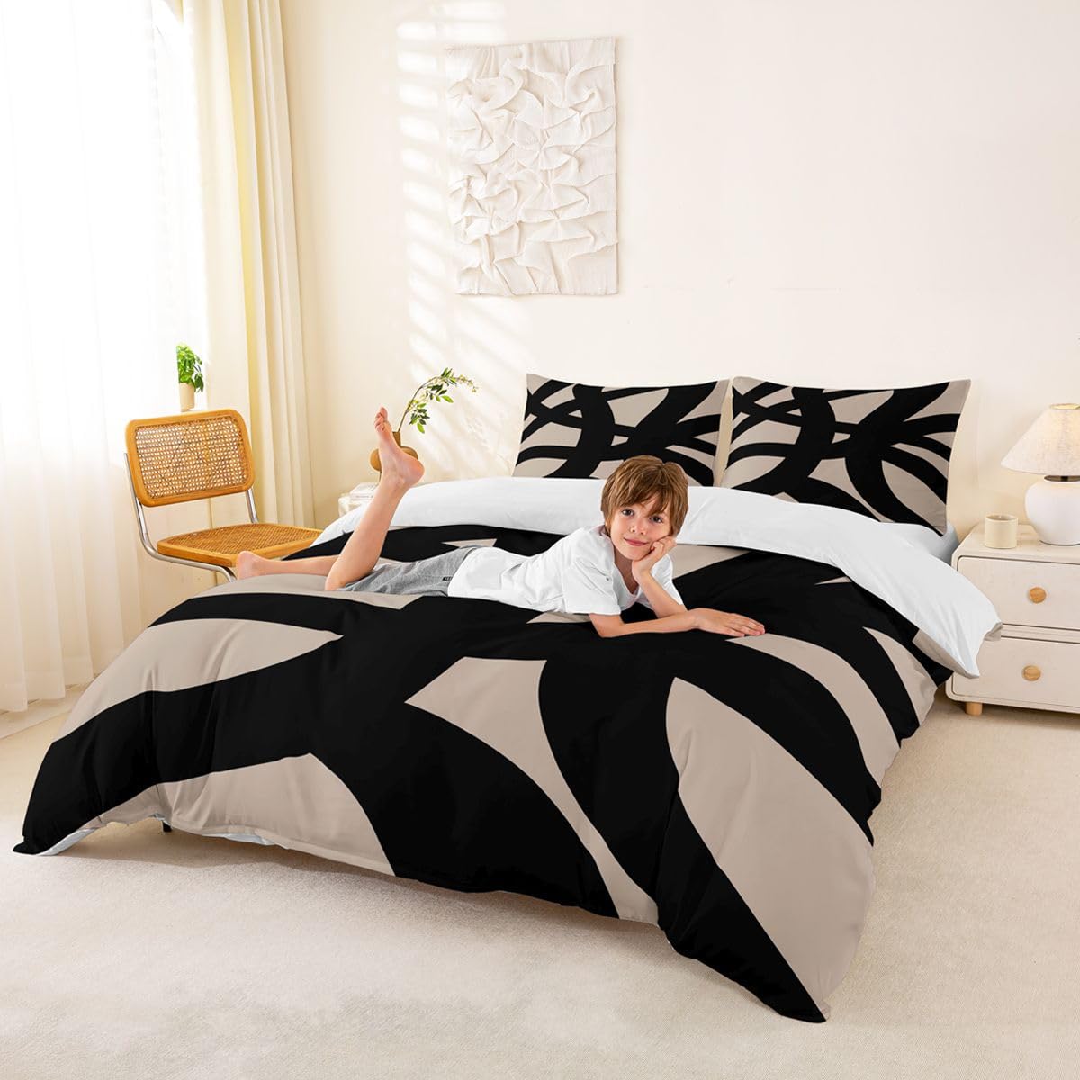 jejeloiu Black and Beige Bedding Set King Size Geometric Modern Comforter Cover Set for Kids Teens Adults Abstract Neutral Art Duvet Cover Abstarct Art Room Decorations 3Pcs with 2 Pillow Cases