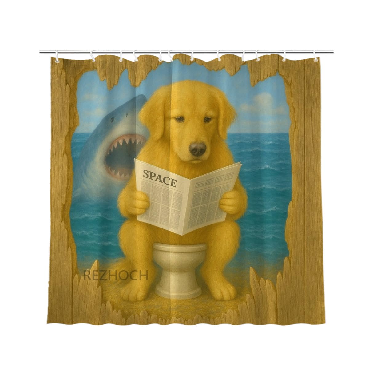REZHOCH Golden Retriever Sitting on Toilet Reading Newspaper Shark Shower Curtain Durable Waterproof Fabric Bathtub Sets Funny Animal Home Bathroom Decoration 72x72inch with 12 Hooks