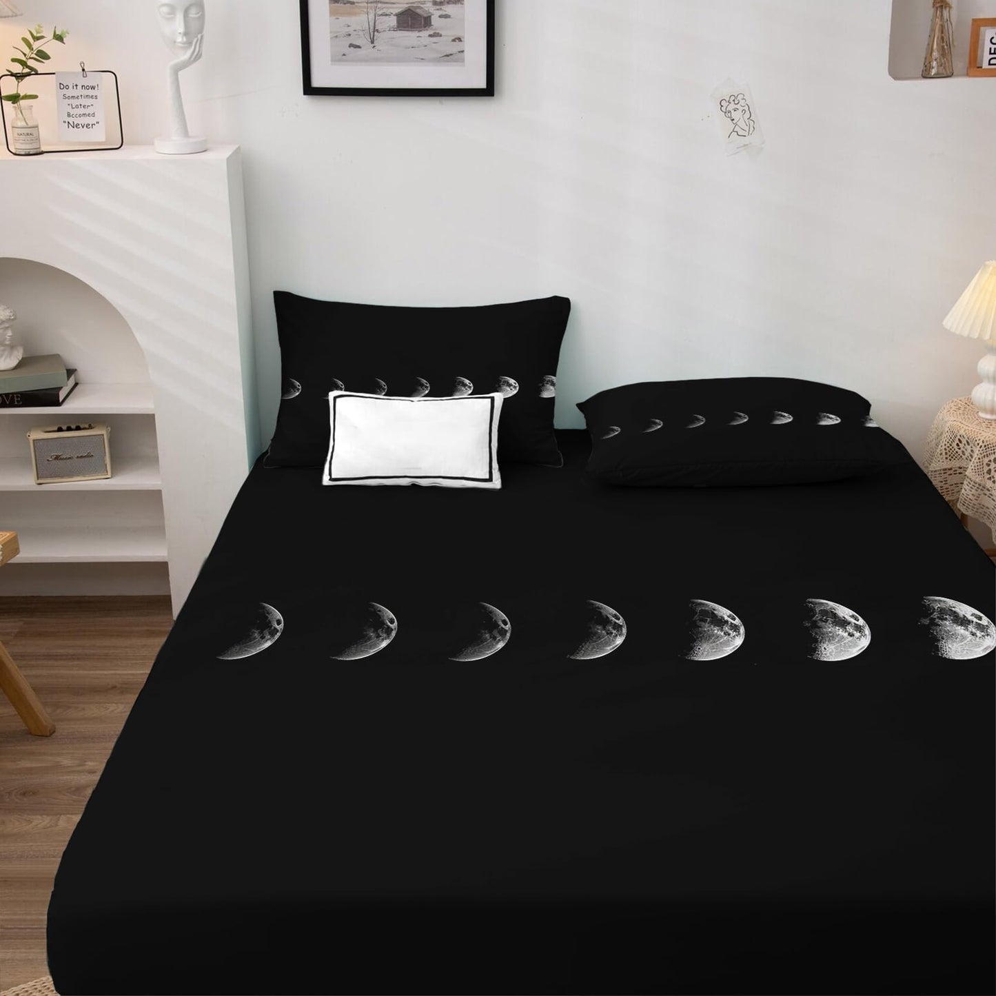 Moon Phase Sheets King Size - Black and White Bed Sheets, Soft Microfiber & Deep Pocket & Wrinkle Free Patterned Bedding Sheets & Pillowcases, 4 Piece ( 1 Fitted Sheet, 1 Flat Sheet, 2 Pillow Cases )