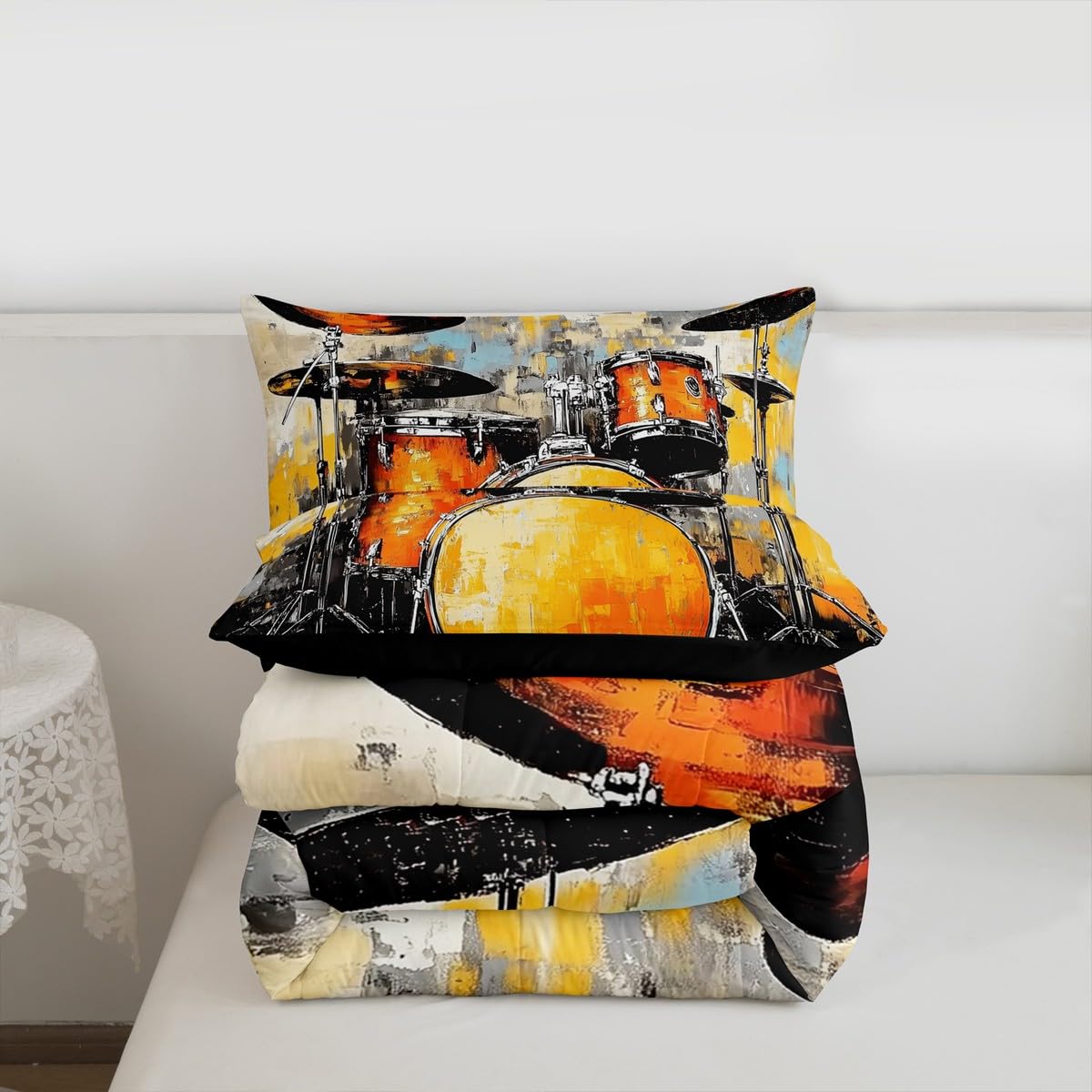 Erosebridal Drum Kit Comforter Set Queen Rock Music Instruments Bedding Set Watercolor Drum Kit Comforter for Kids Boys Girls,Drum Lovers Quilt Duvet