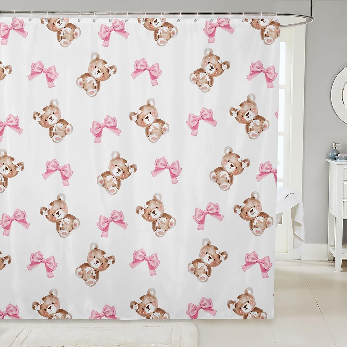 jejeloiu Girls Cartoon Bear Shower Curtain for Bathroom Decor 72"x72" Pink Bowknot Bath Curtain for Kids Women Dreamy Princess Bow Bathroom Accessories Cute Lovely Kawaii Animal