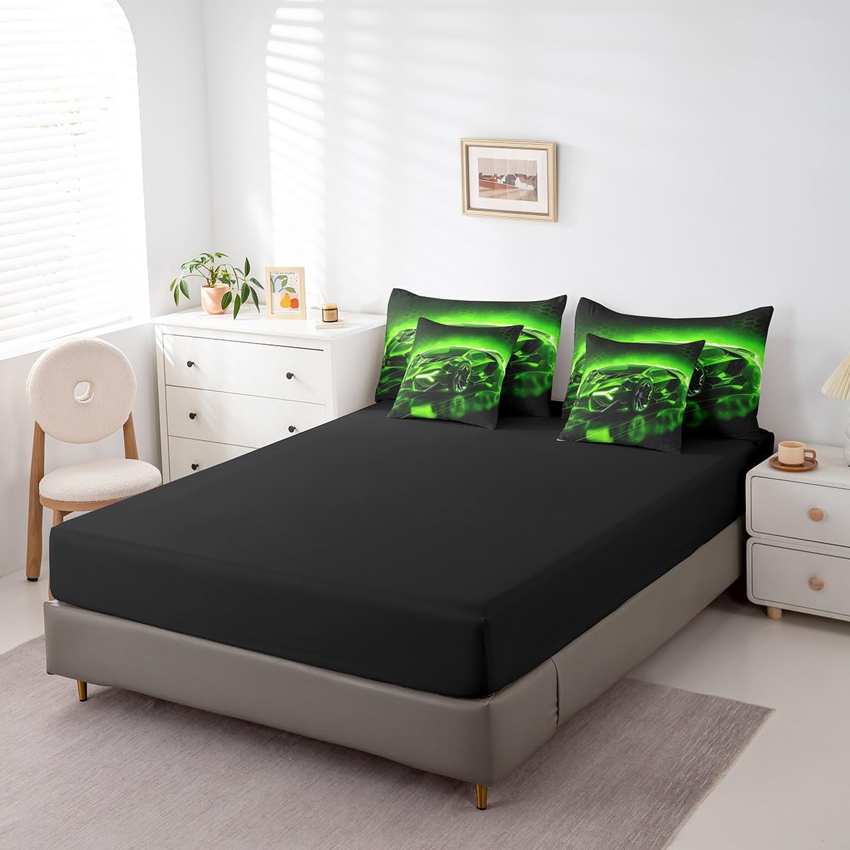 Feelyou Kids Boys Race Car 7 Piece Bedding Set Full Size Green Sports Car Comforter Set with Sheets for Kids Teens Boys Girls Extreme Sports Theme Bed in a Bag Speed Luxury Car Bed Set