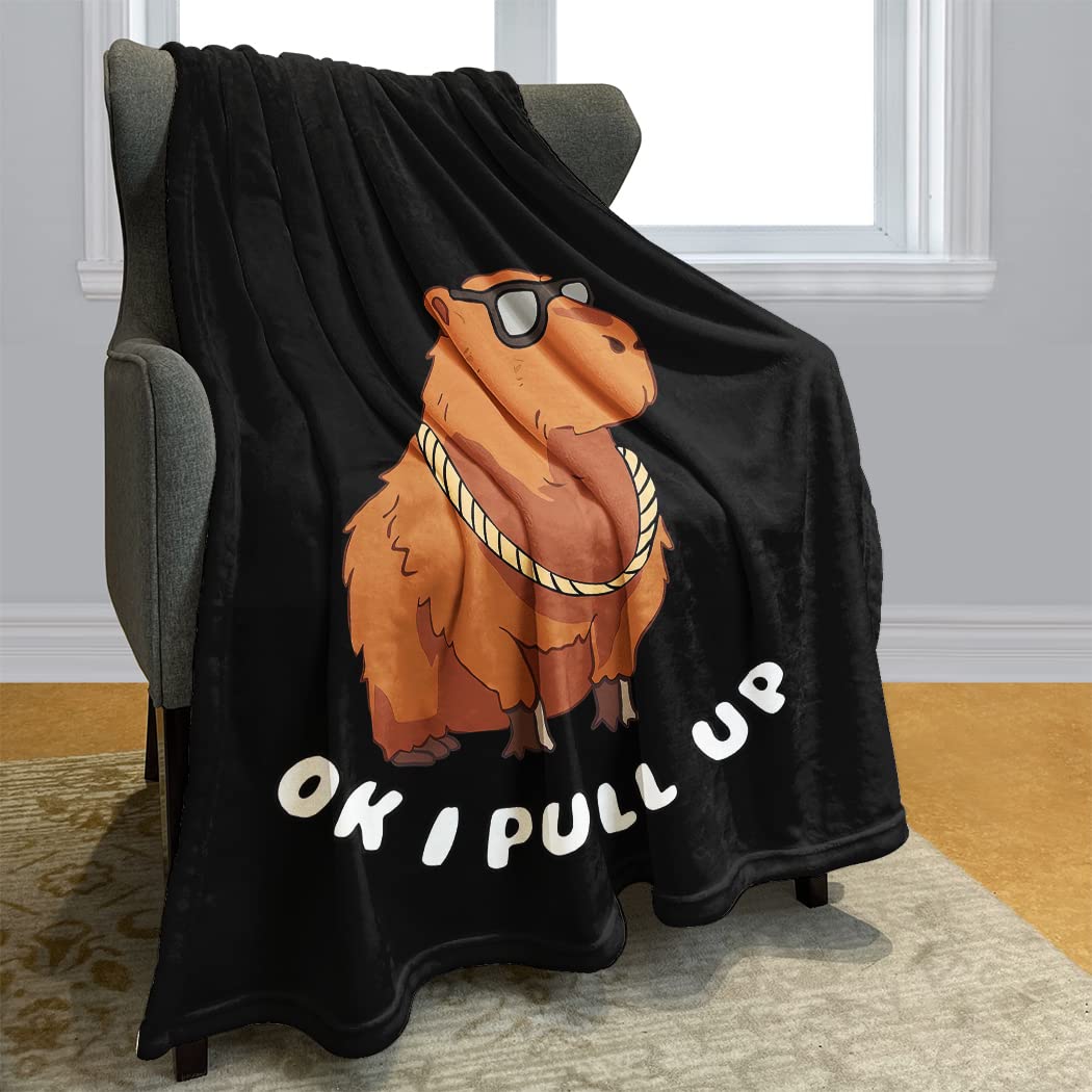 OHTMTHO Funny Capybara Throw Blanket, OK I Pull Up Design, Sunglasses Animal Print, Gifts for Capybara Lovers, 40"x50", Black
