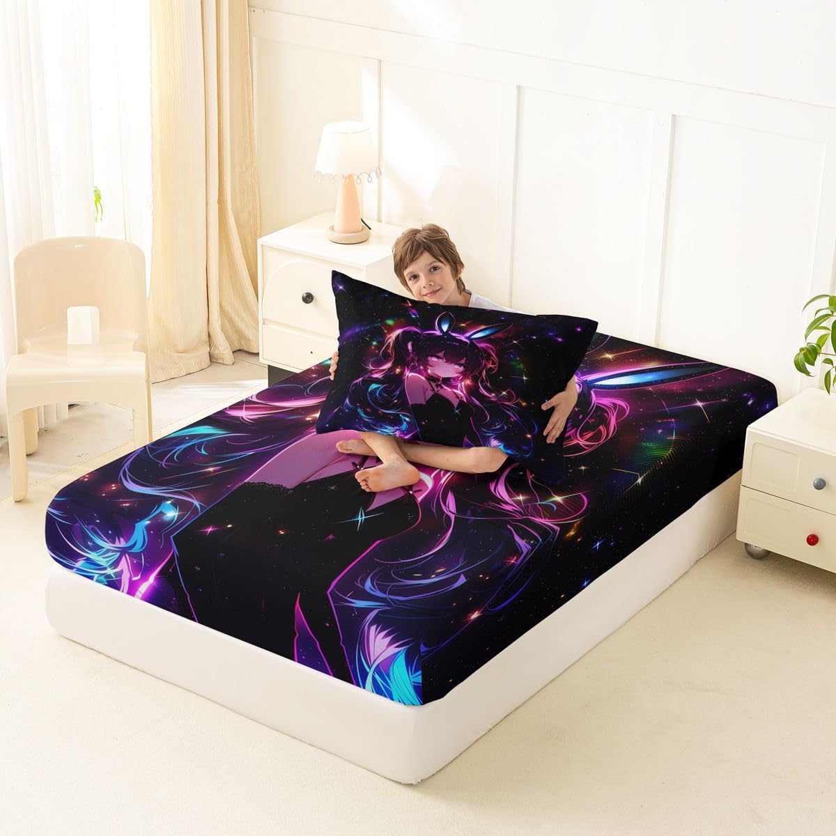 Erosebridal Cute Bunny Girls Twin Bed Sheets Japanese Anime Girl Fitted Sheet,Cartoon 3D Kids Bedding Sets Magical Neon Stars Sheets with 1 Pillowcase