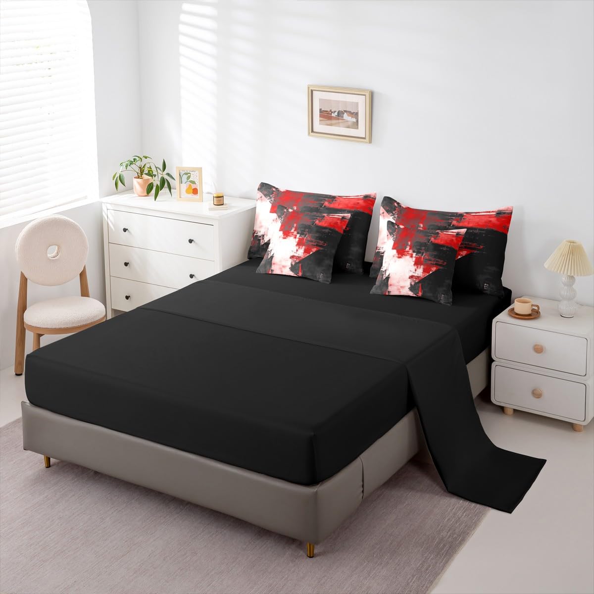 Feelyou Abstract King Comforter Set with Sheets for Kids Boys Girls Modern Abstract Art 7 Pieces Bedding Set Luxury Bed in a Bag Geometric Room Decor Red Balck Soft Lightweight Microfiber