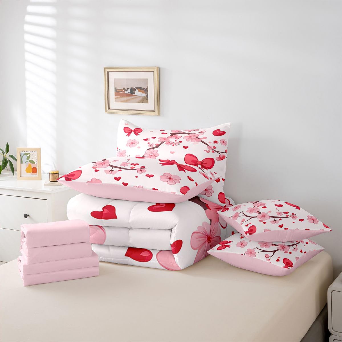 Erosebridal Pink Bowknot Queen Size Comforter Set,Cherry Blossom 7-Piece Bed in A Bag,Bowtie Heart Pattern Sheets and Pillowcases,Japanese Flower Pink Floral Branch Bedding Set Room Decor