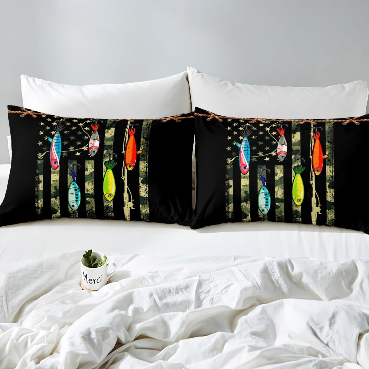Castle Fairy Fishing Lure Bed Sheet Set King Size,Green Camouflage American Flag Deep Pocket Fitted Sheet,1 Flat,2 Pillowcases,Camo Fish Print Fisherman Gift Bed Mattress Cover, Bedroom Decor