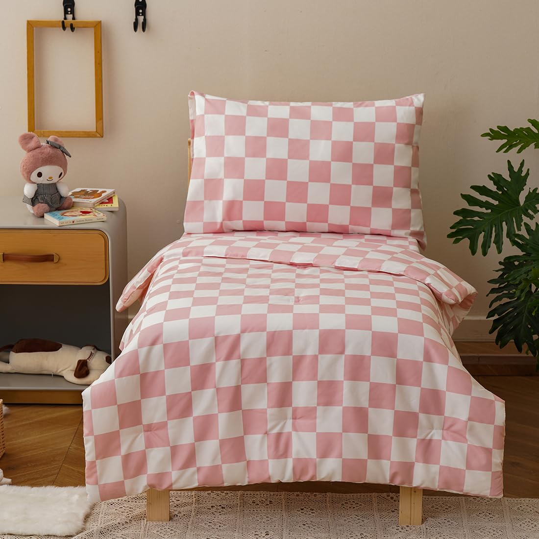 CLOTHKNOW Pink White Plaid Toddler Bedding Sets for Girls 4Pieces Grid Comforter Checkerboard Bedding Sets Soft Crib Bed Sets
