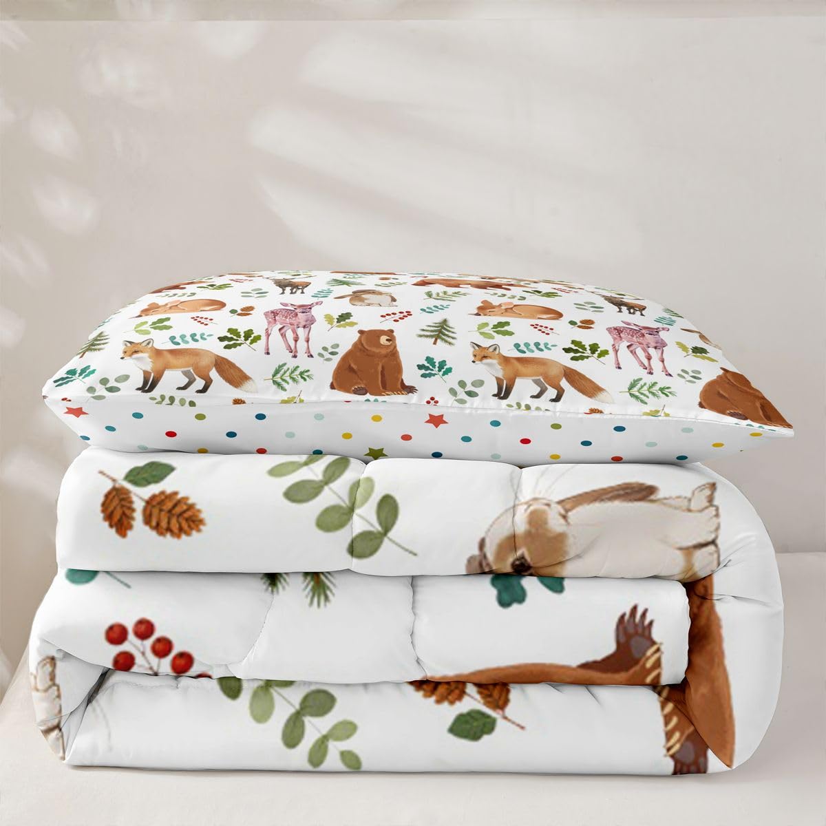 Erosebridal Woodland Forest Animals Twin Bedding Sets for Boys Girls, Cartoon Animal Print Comforter Set for Kids Teen, Cute Bear Deer Fox Rabbit Bed Set, Wildlife Theme Room Decor (1 Pillowcase)