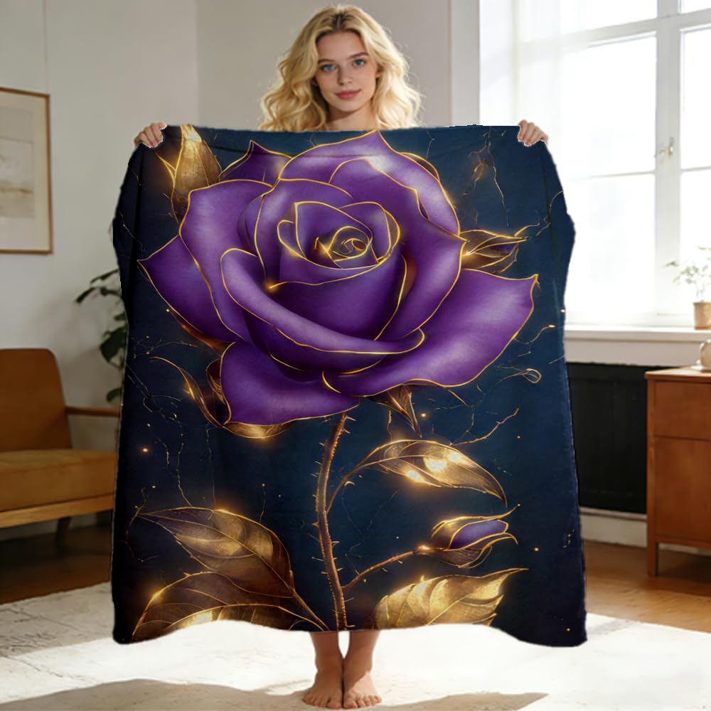 ZHOUSHUTONG Luxury Purple Gold Rose Flannel Throw Blanket, Soft Cozy Warm Elegant Floral Plush Blankets for Couch Bed Sofa, Glam Romantic Decor Blanket, Gift for Rose Lovers 49"x59"