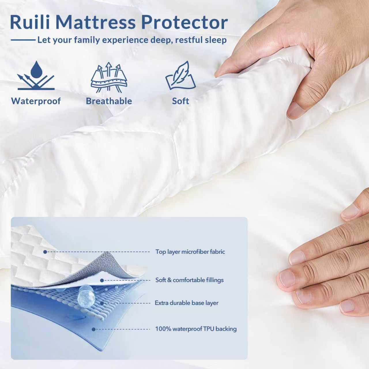 Queen Mattress Protector Waterproof Washable Mattress Padded Cover Fitted Queen Size Bed Protection Noiseless Plastic Bed Pad Deep Pocket Up to 18“ Soft and Breathable（White）