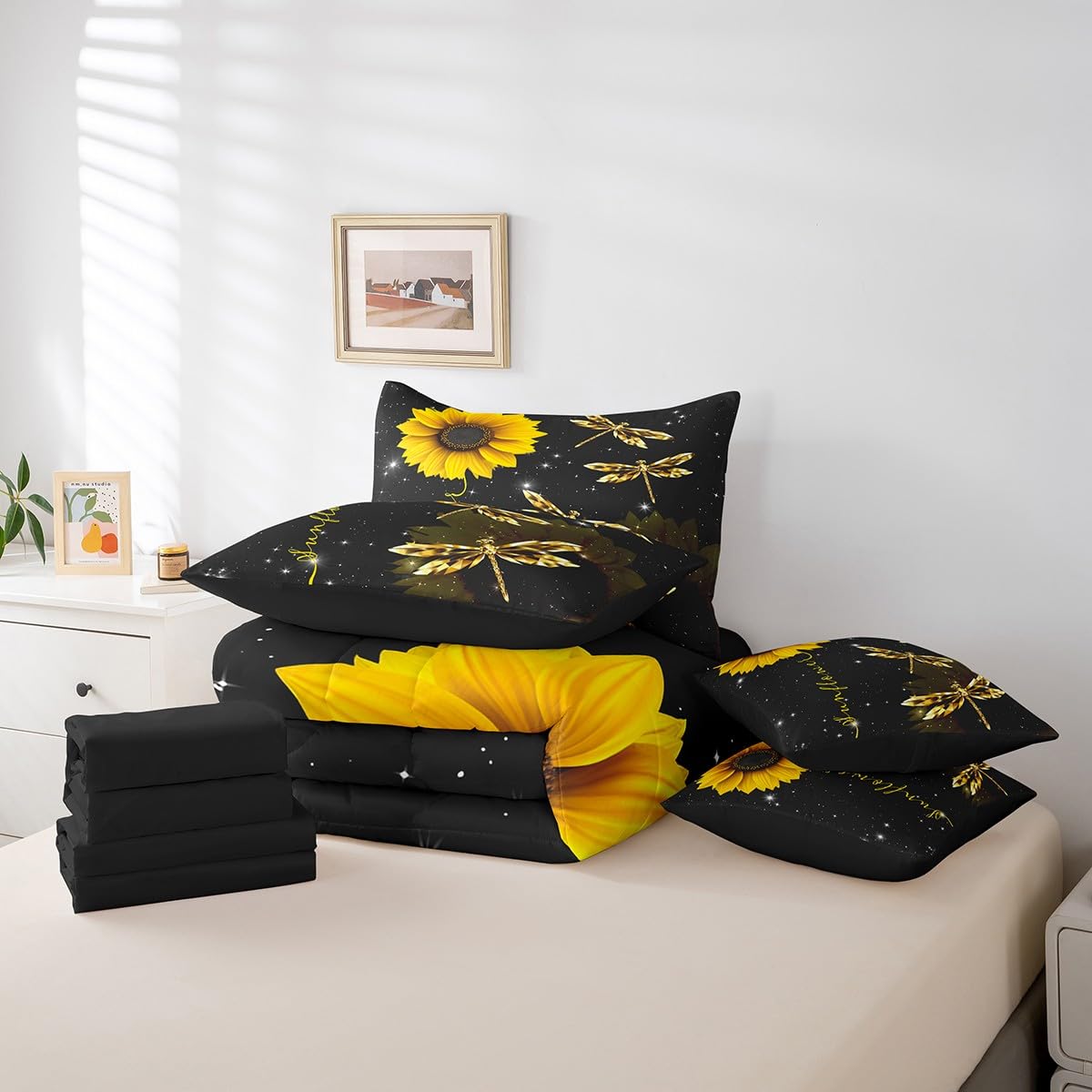 Erosebridal Sunflower 7 Piece Comforter Set Full Bed in a Bag,Gold Dragonfly Bedding Sets Glitter Starry Sky Galaxy Comforter and Sheet Set,Sunny Flower Rustic Aesthetic Animal Room Decor