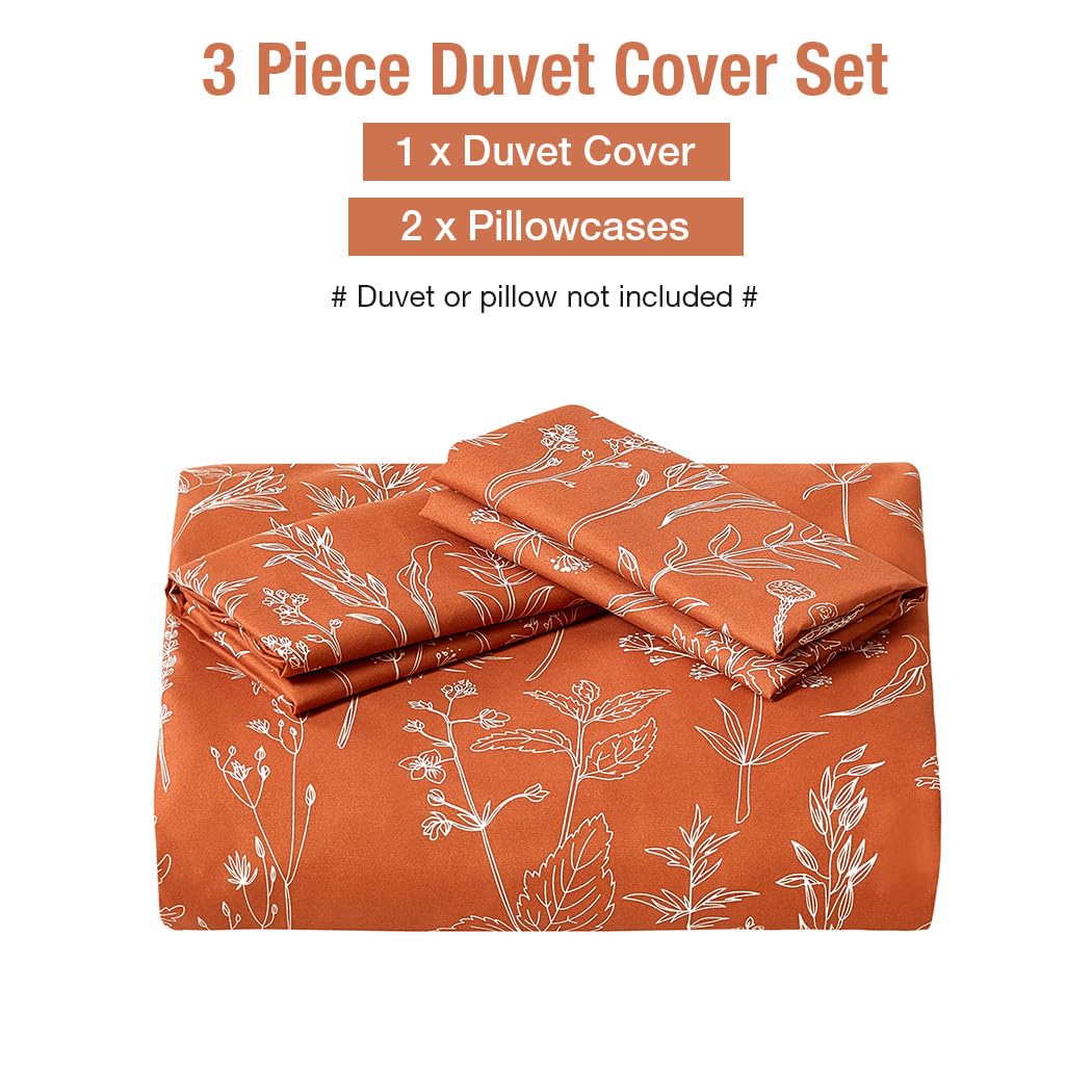 Lekesky Floral Duvet Cover Queen Size, Burnt Orange Queen Duvet Cover Plant Flowers Pattern Bedding Set for All Season, Soft Breathable Duvet Cover with Zipper Closure & Corner Ties