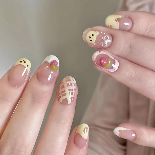 BABALAL Press on Nails Short Oval Fake Nails Yellow Pink Acrylic Glue on Cute Bear Strawberry False Nails 30Pcs Round Full Cover Stick on Nails for Women Girls Kids French Tip Kit