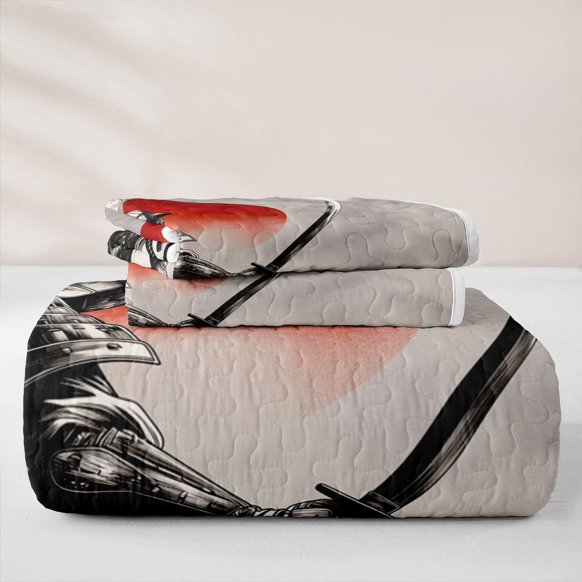 Erosebridal Boys Samurai Quilt Twin Size - Sunrise Journey Bedspread Red Sun Japanese Style Bed Coverlet with 1 Pillowcase