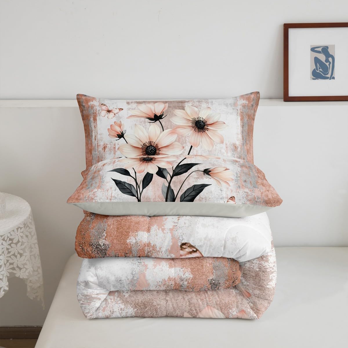 Erosebridal Watercolor Daisy Flowers Queen Comforter Set Abstract Oil Painting Bedding Set Rustic Farmhouse Bed Set Ombre Orange Grey White Quilt Set