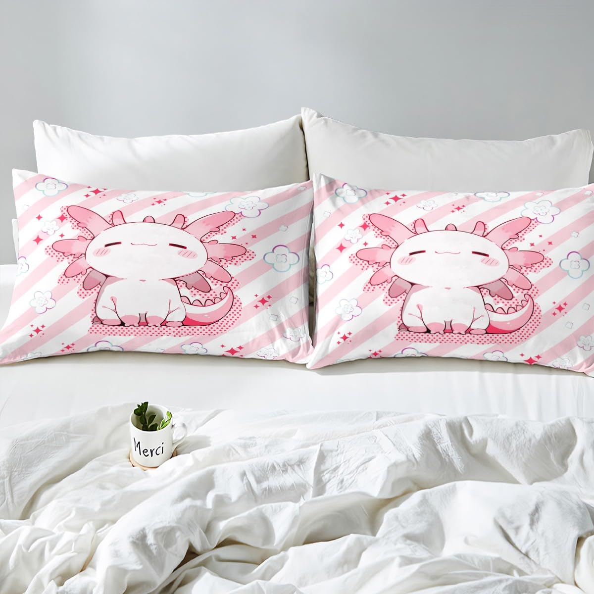 Homewish 4 Pieces Cute Axolotl Full Size Sheet Set Soft Microfiber Cartoon Salamander Fitted Flat Sheets and Pillowcases Pink Stripes Bedding Sets for Kids Teens Adults