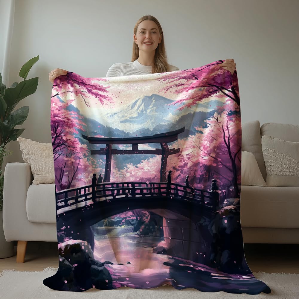 HUNXIAOJ Japanese Throw Blanket Japanese Gifts Cherry Blossom Blanket Japan Scenery Decor Warm Soft Flannel for Girls Boys Women Teens Adults Bed Sofa Couch (60 in x 80 in)