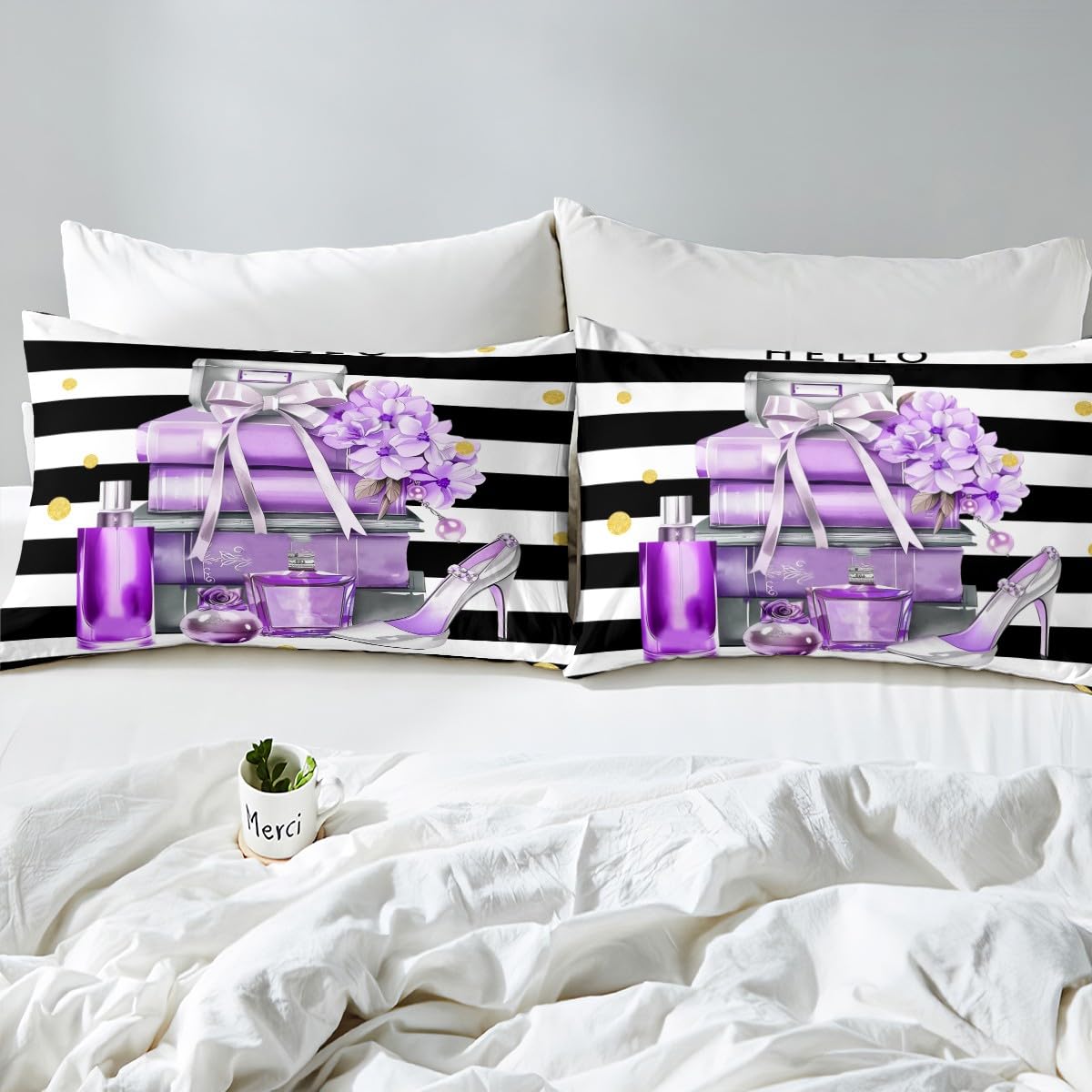 Erosebridal Black and Purple Bed Sheets King Size Fashion Black White Girly Sheets for Girl Women Modern Flower Floral Perfume Striped Sheet Set High Heels Magazine Books Bedding Set